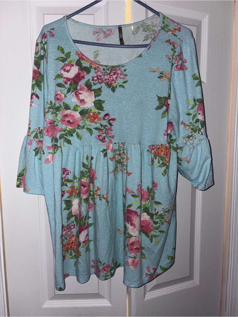 Light Blue Floral Peplum Top with Ruffled Sleeves